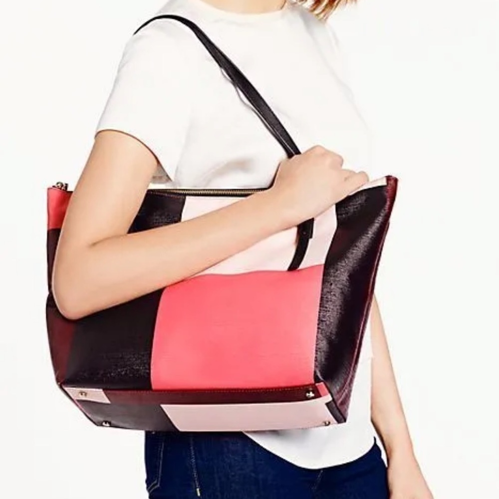 Kate Spade Emma Lane Fabric Maya Tote Bag Colorblock Pink Burgundy Black Pockets